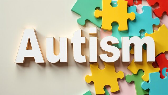 The word "AUTISM" in bold white letters is partially overlaid with a scattering of colorful puzzle pieces, symbolizing the complexity and diverse aspects of the autism spectrum.