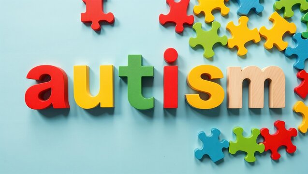 The word AUTISM is spelled out in colorful wooden letters on a light blue background, surrounded by colorful puzzle pieces. Concept of autism awareness and acceptance. World autism awareness day