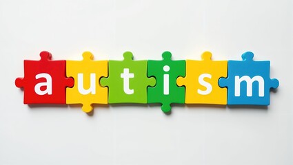 The word "autism" is spelled out using colorful puzzle pieces on a white background. Concept of autism awareness and understanding. World autism awareness day