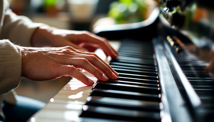 Fototapeta premium Hands playing the piano, showcasing musical skill and elegance in a performance