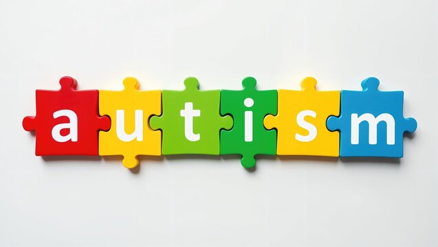 The word "autism" is spelled out using colorful puzzle pieces on a white background. Concept of autism awareness and understanding. World autism awareness day