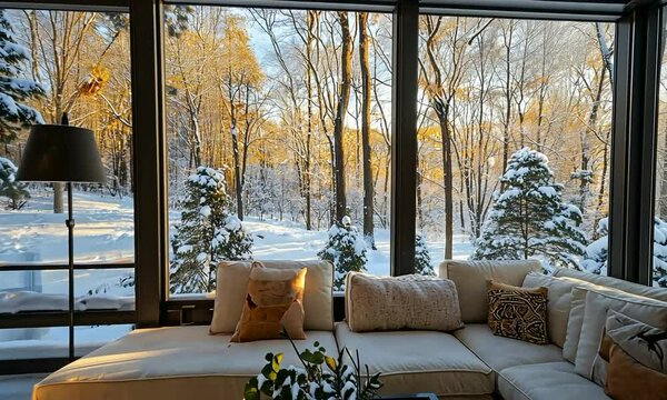Cozy sunroom with large windows revealing a picturesque winter landscape and warm decor