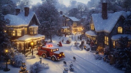 Fototapeta premium The winter christmas village is a beautiful sight. The snow is falling gently and the lights are shining brightly. The houses are covered in sparkling white, and the streets are lined with trees