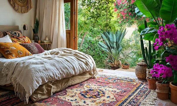Bohemian bedroom with vibrant textiles, eclectic decor, and a view of a lush garden