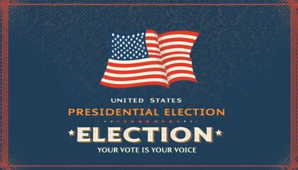 This vibrant image features a waving American flag, symbolizing freedom and democracy, set against a deep blue background. Bold text proclaims "United States Presidential Election," emphasizing the