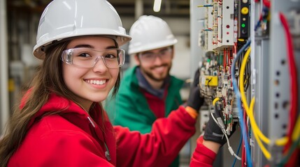 Young electrician students smiling while doing work practices, concept of vocational training