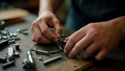 Hands fastening screws with industrial tools, demonstrating precision and efficiency in mechanical work