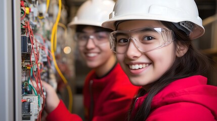 Young electrician students smiling while doing work practices, concept of vocational training