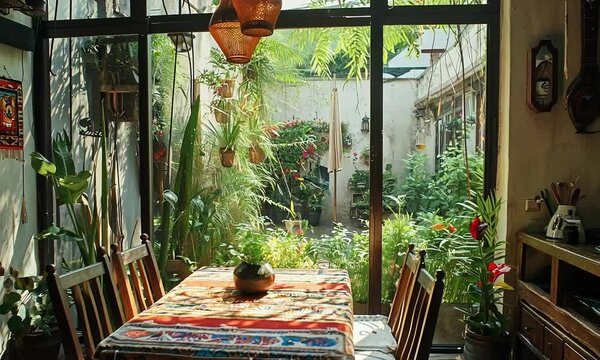Bohemian dining room with vibrant textiles, eclectic decor, and a view of a lush garden