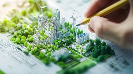 Businessman planning on environmental protection initiative for clean and sustainable future ecology, ESG environmental social governance display on paper chart on eco-friendly company