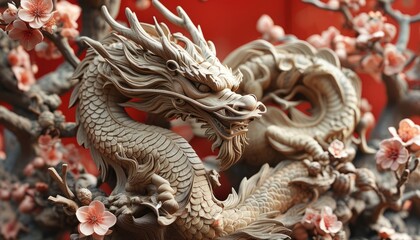 A wooden dragon sculpture, set against a red background with peach blossoms