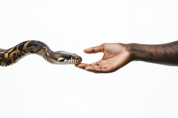 A snake poised at the fingertips of an outstretched hand, the image captures tension and connection, symbolizing trust and interaction between human and animal.