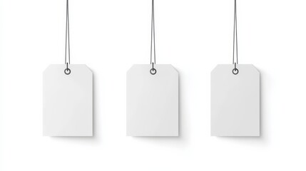 Blank White Tags: Three hanging blank white tags with string and metal eyelets, perfect for adding your own text or branding.  