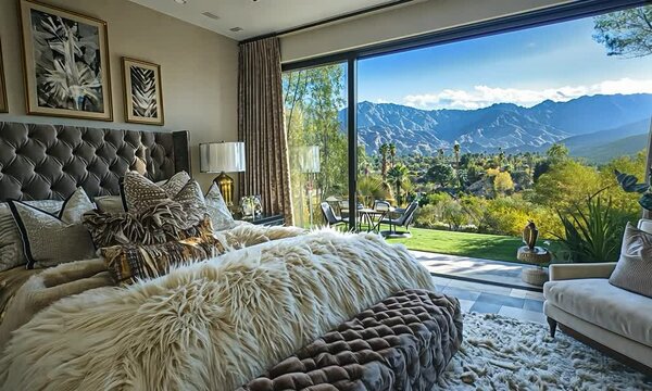 Hollywood Glam bedroom with opulent details, elegant furnishings, and a view of a stunning sunset