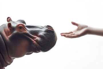 Naklejka premium A hippo gazes at a human hand reaching towards it against a minimalistic white background, symbolizing curiosity and the bond between humans and wildlife.