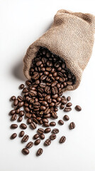 Coffee bean spill from burlap sack on white background for cafe decor and coffee-themed designs