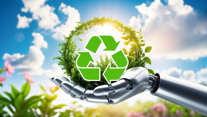 robot hand with green symbol recycling in nature
