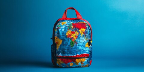A student’s backpack featuring a world map design