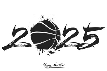 Numbers 2025 and a abstract basketball ball made of blots in grunge style. Design text logo Happy New Year 2025. Template for greeting card, banner, poster. Vector illustration on isolated background