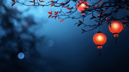 A serene image of traditional red Chinese lanterns hanging from a tree branch