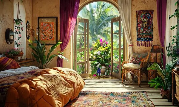 Bohemian bedroom with vibrant textiles, eclectic decor, and a view of a lush garden