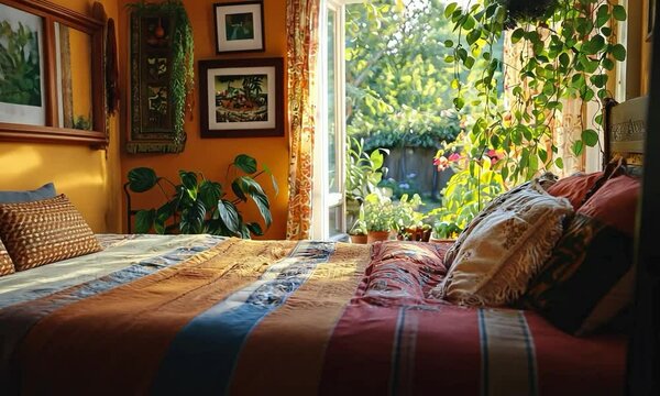 Bohemian bedroom with vibrant textiles, eclectic decor, and a view of a lush garden