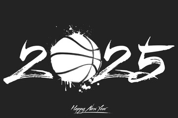 Numbers 2025 and a abstract basketball ball made of blots in grunge style. Design text logo Happy New Year 2025. Template for greeting card, banner, poster. Vector illustration on isolated background