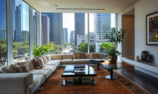 Chic urban living room with floor-to-ceiling windows, modern furniture, and a view of a bustling city street
