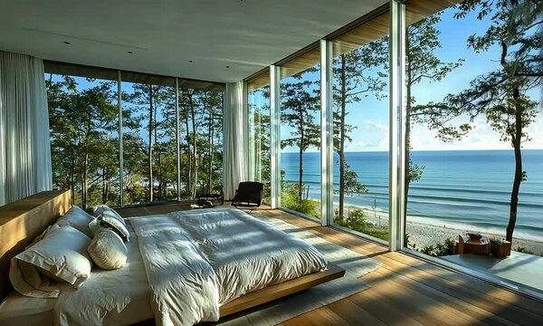 Chic bedroom with a contemporary design, floor-to-ceiling windows, and a stunning beach view