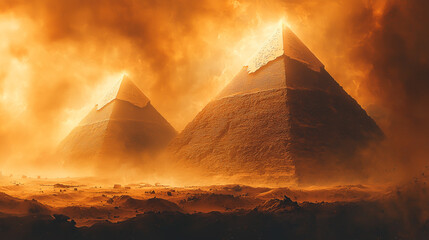 Ancient pyramids shrouded in smoke and sandstorm under a dramatic desert sky.
