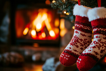 Close-up view of Christmas socks hanging near the burning fireplace at Xmas Eve. Merry Xmas night traditions. Christmas mood.