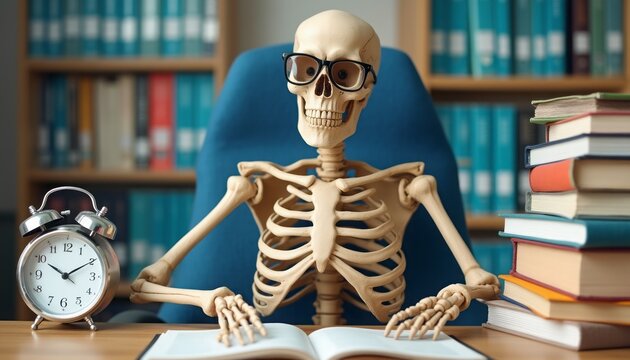 In a cozy library setting, a skeleton wearing glasses sits at a desk, intently reading an open book. The scene is whimsically humorous, with a vintage alarm clock ticking beside it, surrounded by