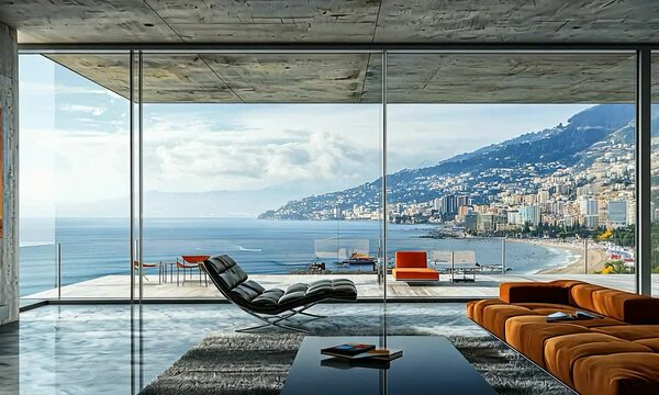 Art Moderne living room with sleek furniture, bold geometric patterns, and a panoramic view of a city skyline