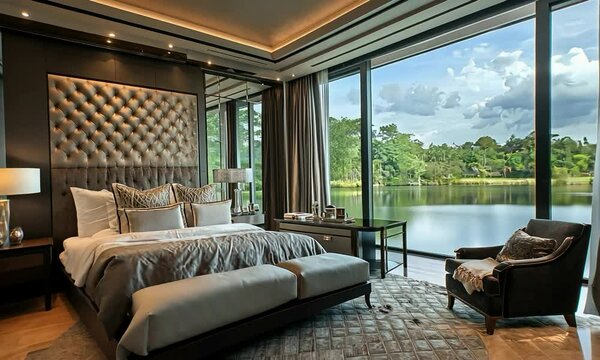Hollywood Glam bedroom with luxurious furnishings, rich textures, and a view of a scenic mountain range