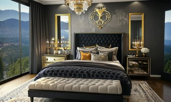 Hollywood Glam bedroom with opulent details, elegant furnishings, and a view of a stunning sunset