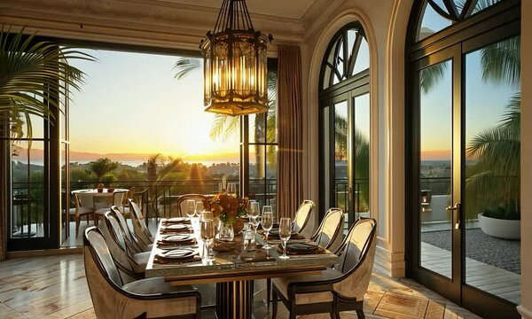Hollywood Glam dining room with luxurious details, elegant furnishings, and a view of a picturesque sunset