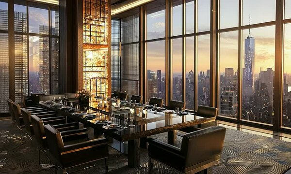 Art Moderne dining room with geometric designs, streamlined furniture, and a panoramic view of a vibrant city skyline