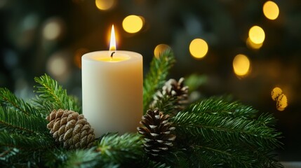 A Lit Candle Amidst a Christmas Wreath with Pine Cones