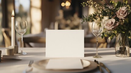 Elegant Place Setting with Blank Card: A close-up of a beautifully arranged table setting with a blank card, perfect for showcasing your wedding menu, event details, or personalized message.  
