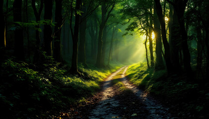 A path leading through a dense forest towards the light, symbolizing the journey through life and personal growt