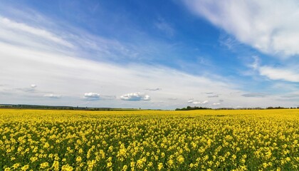Big bright yellow blooming rapeseed field in the summer in the countryside in Hungary