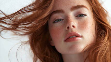 Naklejka premium Dynamic studio portrait of a red-haired model with windswept hair