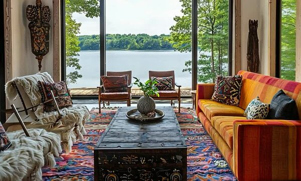 Bohemian living room with colorful rugs, cozy seating, and a view of rolling hills