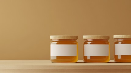Honey Jars Mockup: Three glass jars filled with golden honey, each topped with a wooden lid and a blank white label, stand in a row on a wooden shelf against a warm beige background.