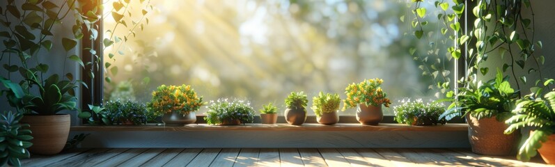 Many potted plants on a window sill, plant background