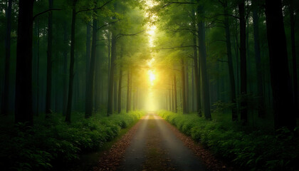 Obraz premium A path leading through a dense forest towards the light, symbolizing the journey through life and personal growt