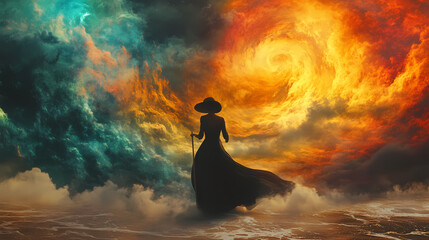 Woman long dress broom hat sunny galaxy stormy sea swirling fluid smokey enigma deep colors stands easel transcending higher plane wild color cascading. Enigma. Illustration