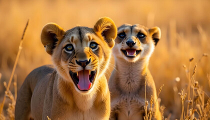 Happy lions or meerkats in an African setting, symbolizing carefreeness and joy in the wild.