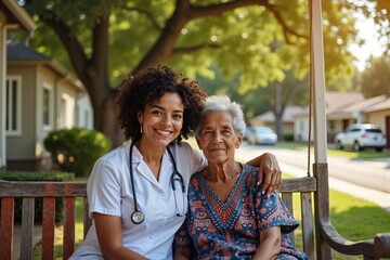 Obraz premium Nurse comforts elderly woman on festive porch swing outdoors