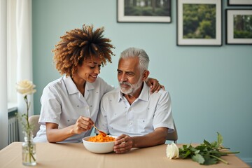 Nurse feeding elderly man lunch in hospital dining area